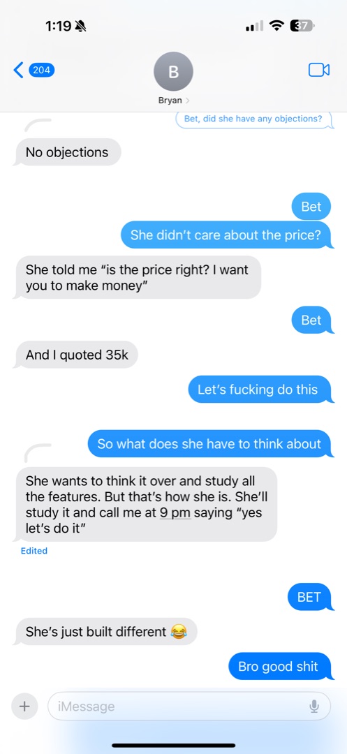 Text message: student closed a $35K client with no objections on price